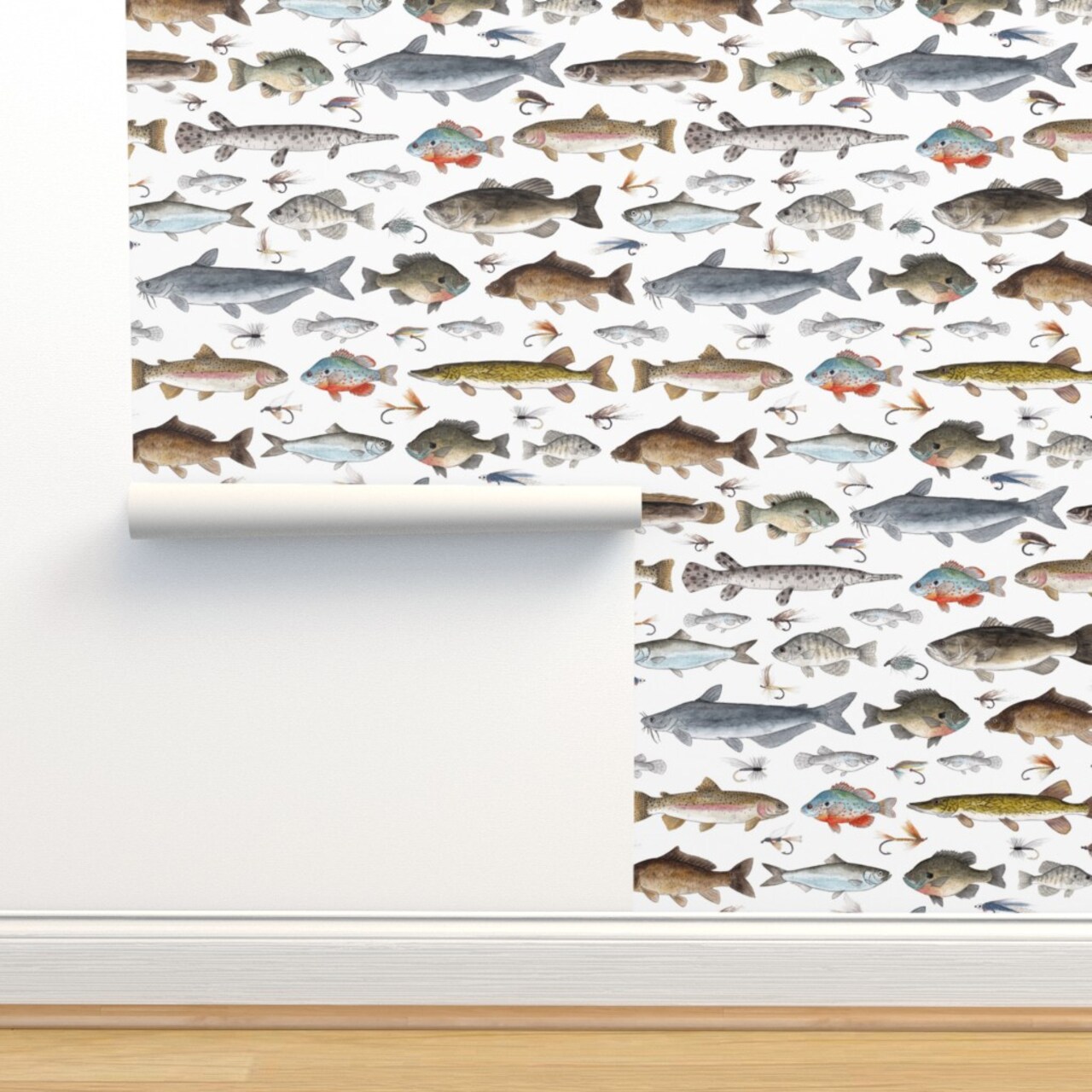 Fish Fishing Salmon Cabin Trout Fisherman Lures Sunfish Tackle Stream Muskie Sturgeon Custom Removable Wallpaper by Spoonflower Peel & Stick Wallpaper 2FT Wide 14884713